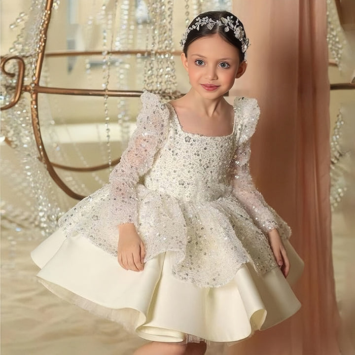 TinyTulle Elegant Long Sleeve Sequin Satin Flower Girl Dress with Bow Detail