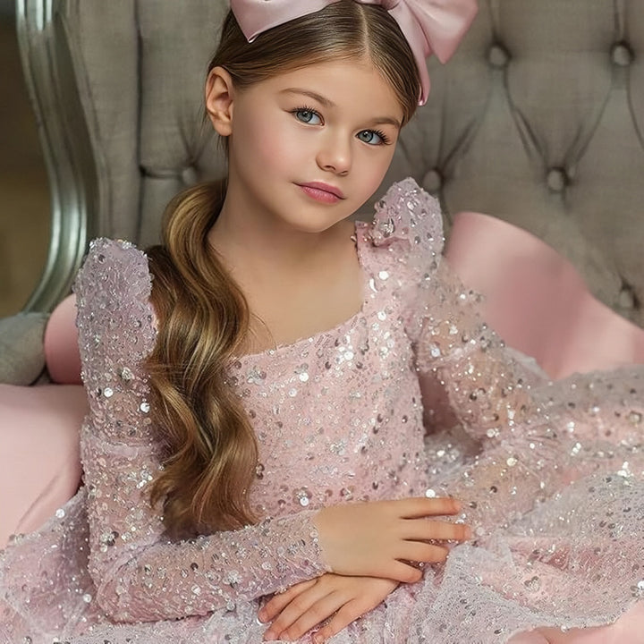 TinyTulle Elegant Long Sleeve Sequin Satin Flower Girl Dress with Bow Detail