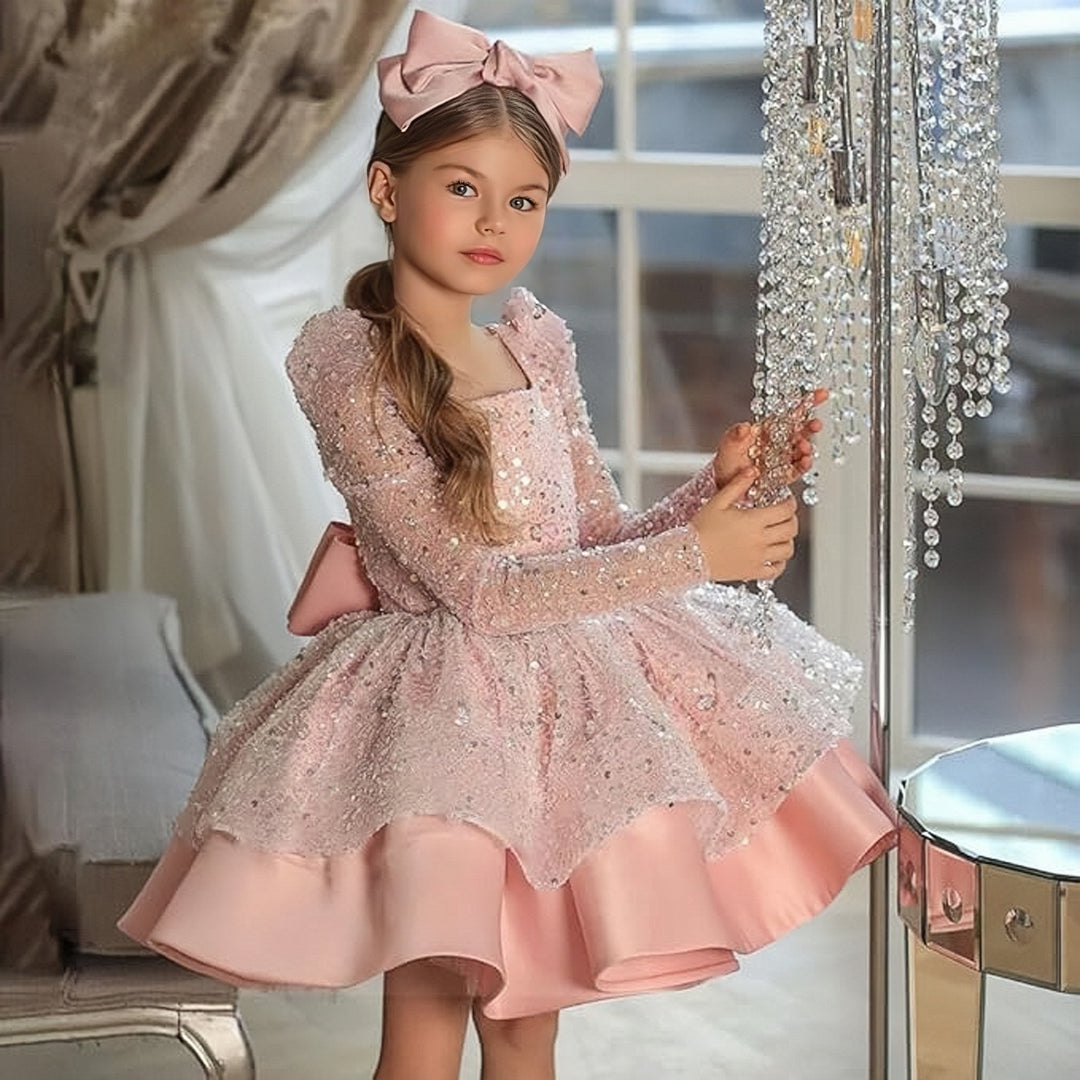 TinyTulle Elegant Long Sleeve Sequin Satin Flower Girl Dress with Bow Detail