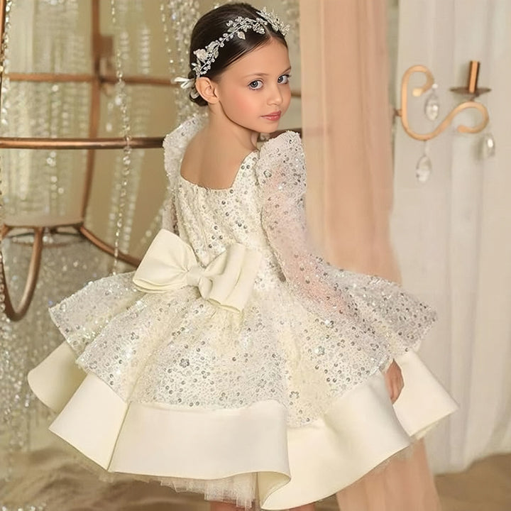 TinyTulle Elegant Long Sleeve Sequin Satin Flower Girl Dress with Bow Detail