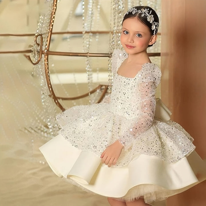 TinyTulle Elegant Long Sleeve Sequin Satin Flower Girl Dress with Bow Detail