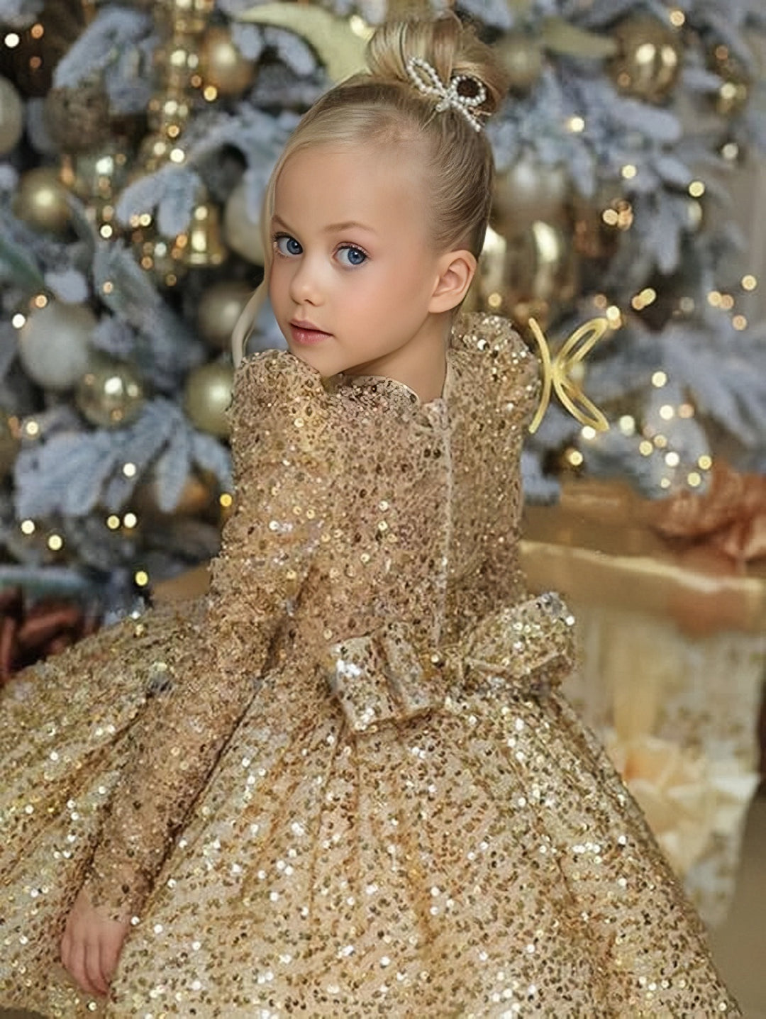 TinyTulle Sparkling Gold Sequin Long Sleeve Birthday Party Flower Girl Dress