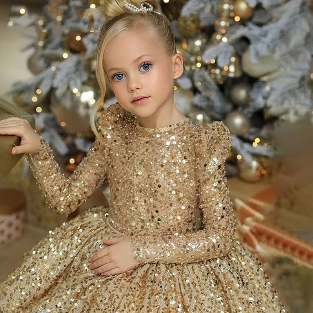 TinyTulle Sparkling Gold Sequin Long Sleeve Birthday Party Flower Girl Dress