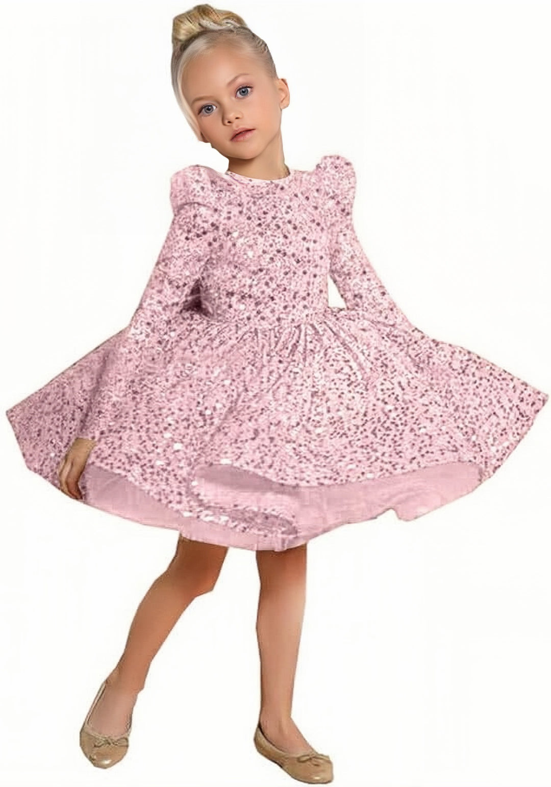 TinyTulle Sparkling Gold Sequin Long Sleeve Birthday Party Flower Girl Dress