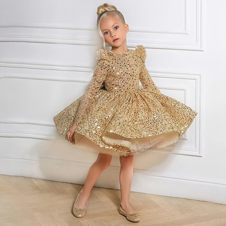 TinyTulle Sparkling Gold Sequin Long Sleeve Birthday Party Flower Girl Dress