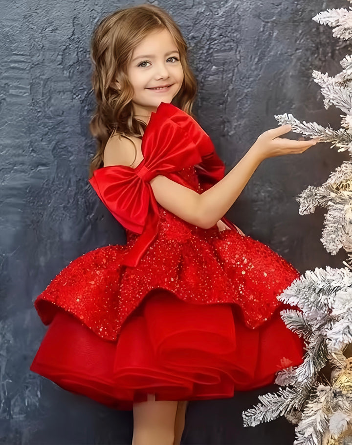 TinyTulle Elegant Red Sleeveless Satin Flower Girl Ball Gown with Bow Shoulder Detail