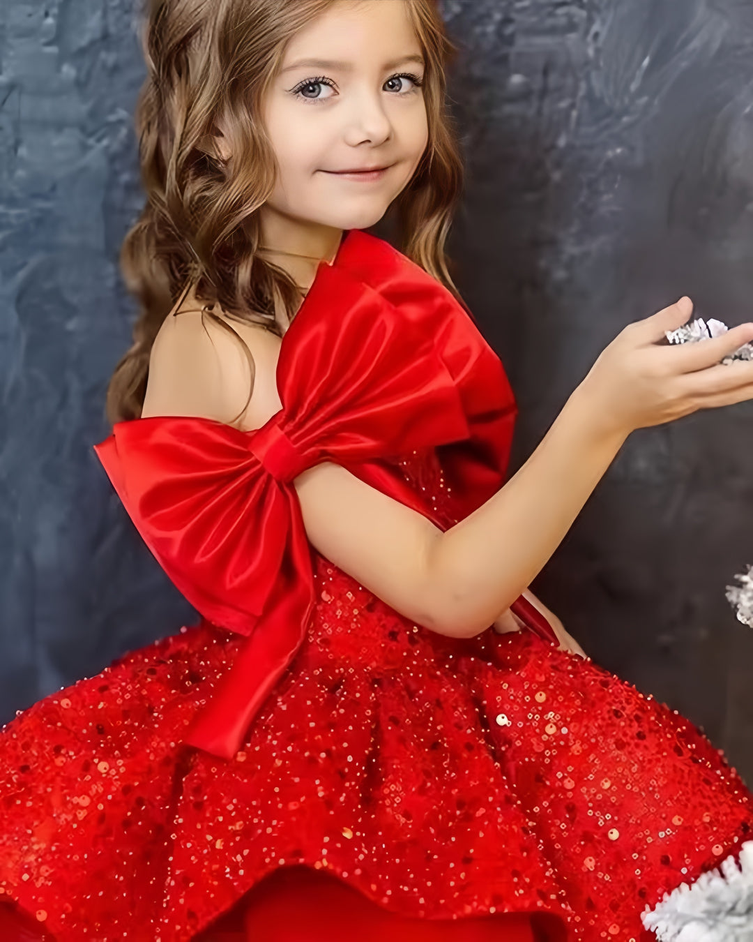 TinyTulle Elegant Red Sleeveless Satin Flower Girl Ball Gown with Bow Shoulder Detail