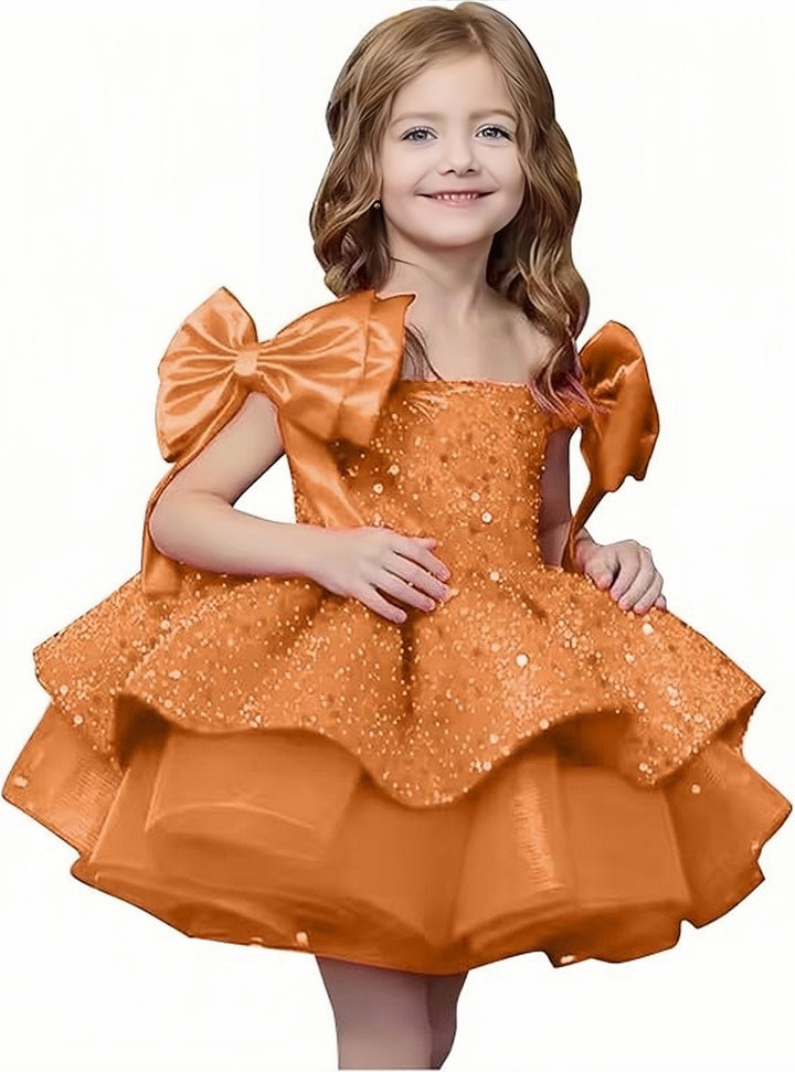 TinyTulle Elegant Red Sleeveless Satin Flower Girl Ball Gown with Bow Shoulder Detail