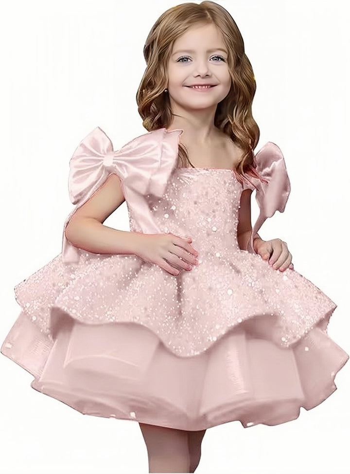 TinyTulle Elegant Red Sleeveless Satin Flower Girl Ball Gown with Bow Shoulder Detail