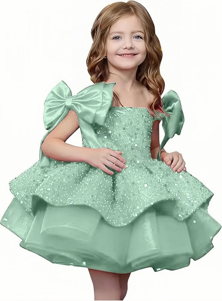 TinyTulle Elegant Red Sleeveless Satin Flower Girl Ball Gown with Bow Shoulder Detail