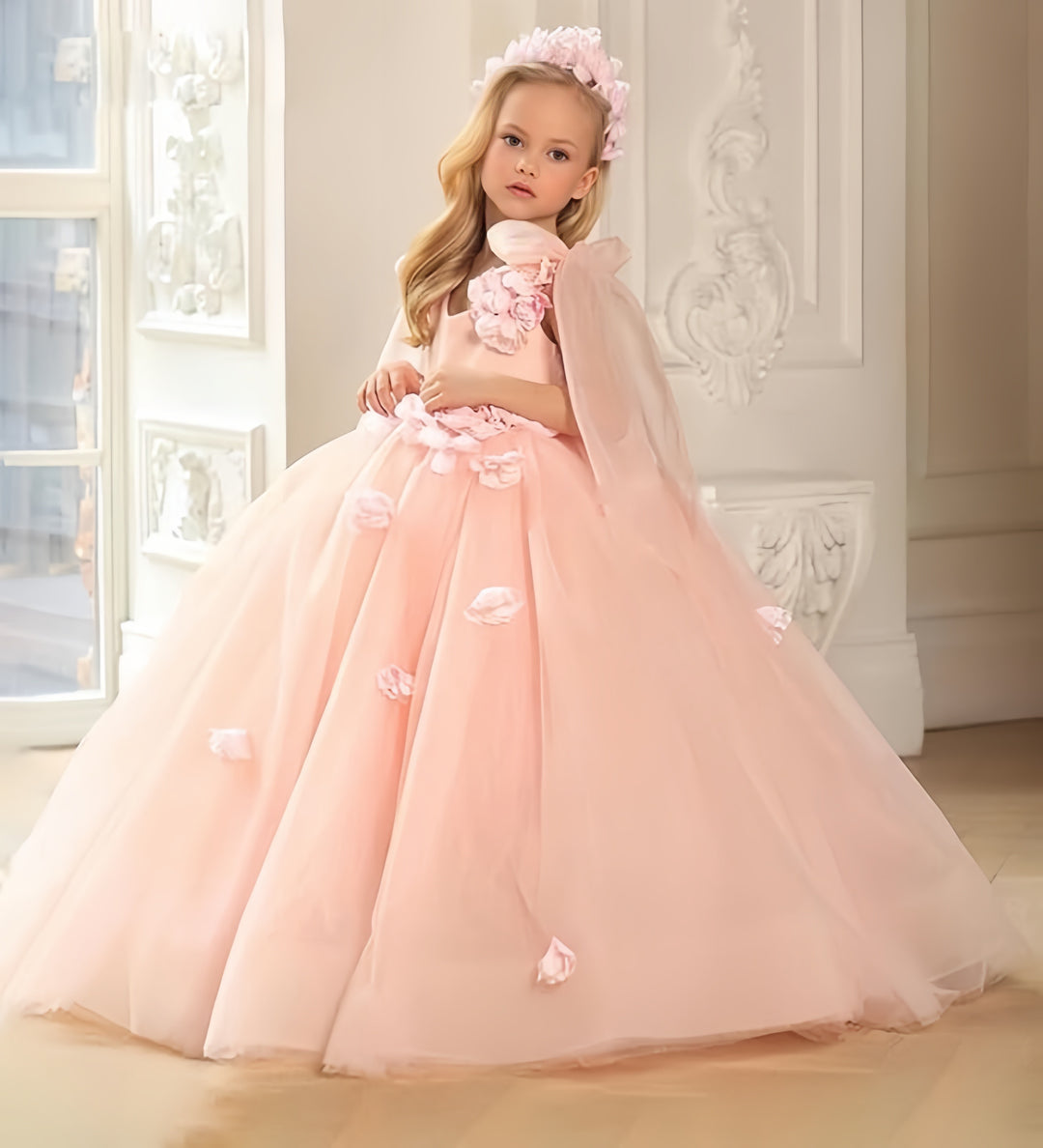 TinyTulle Pink Sleeveless Bow V-Neck 3D Floral Flower Girl Dress