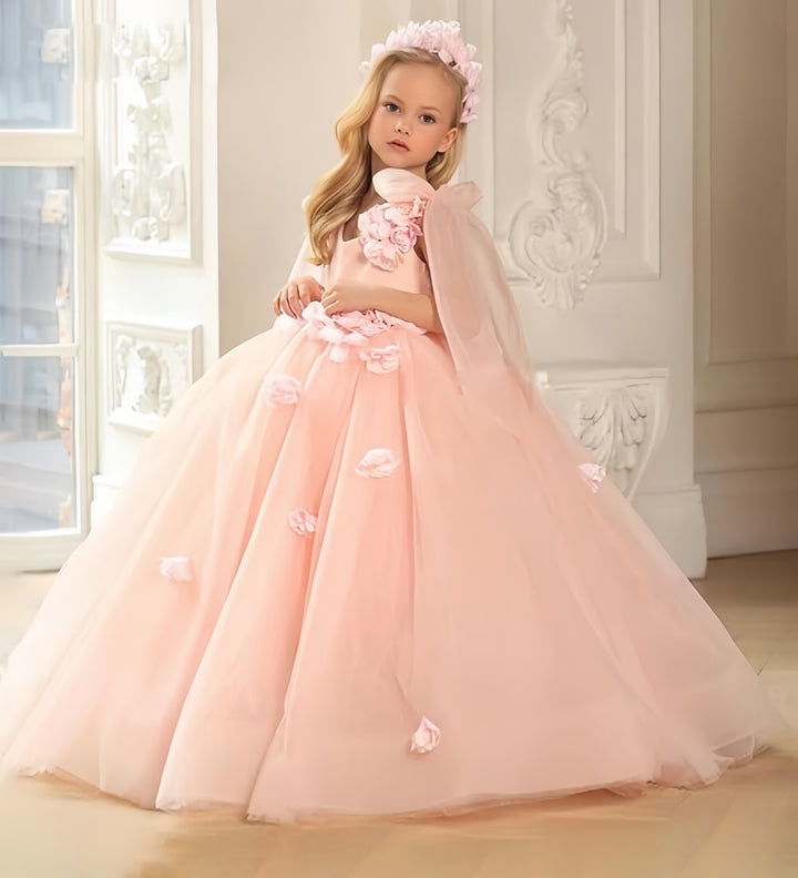 TinyTulle Pink Sleeveless Bow V-Neck 3D Floral Flower Girl Dress