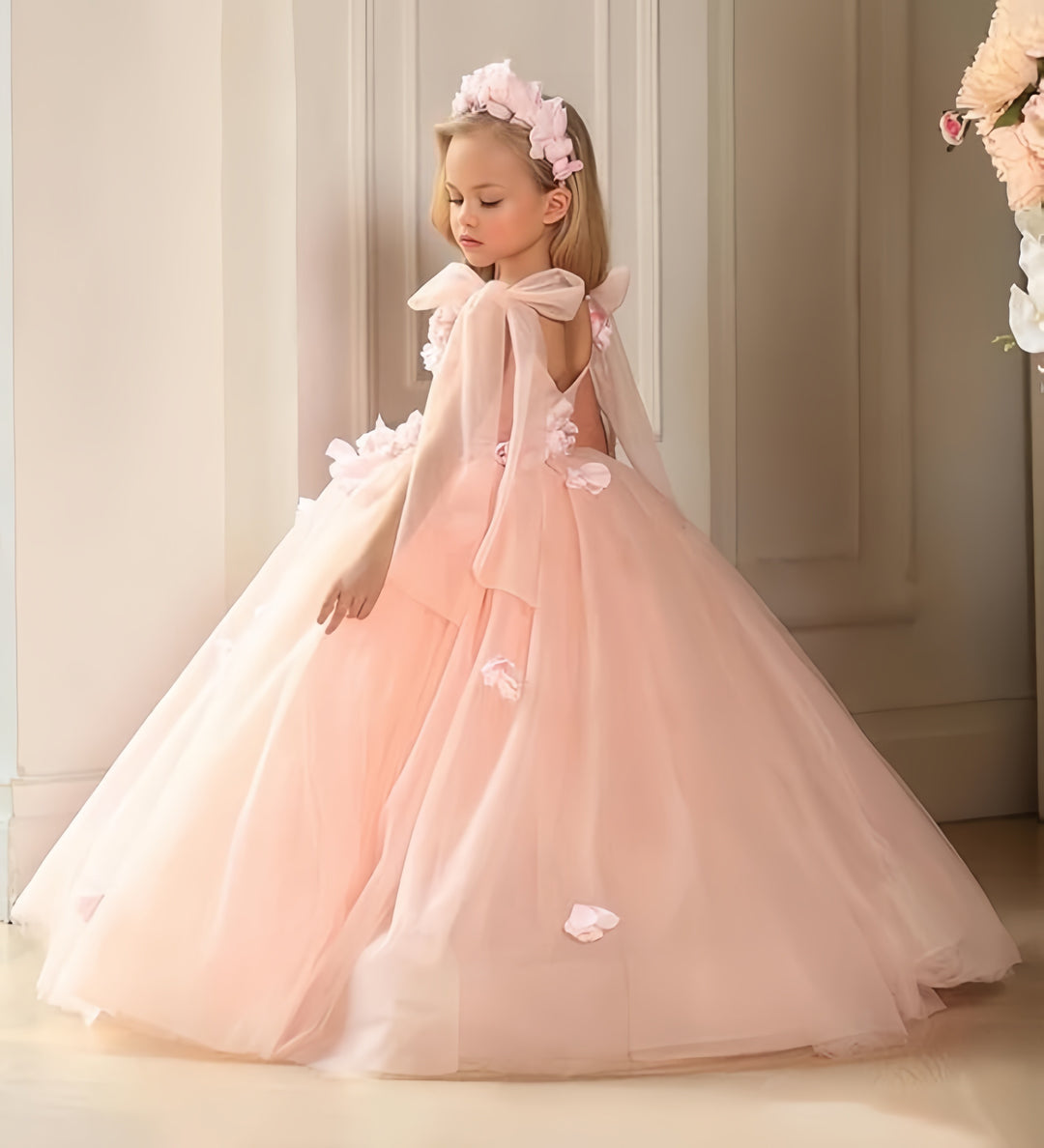 TinyTulle Pink Sleeveless Bow V-Neck 3D Floral Flower Girl Dress