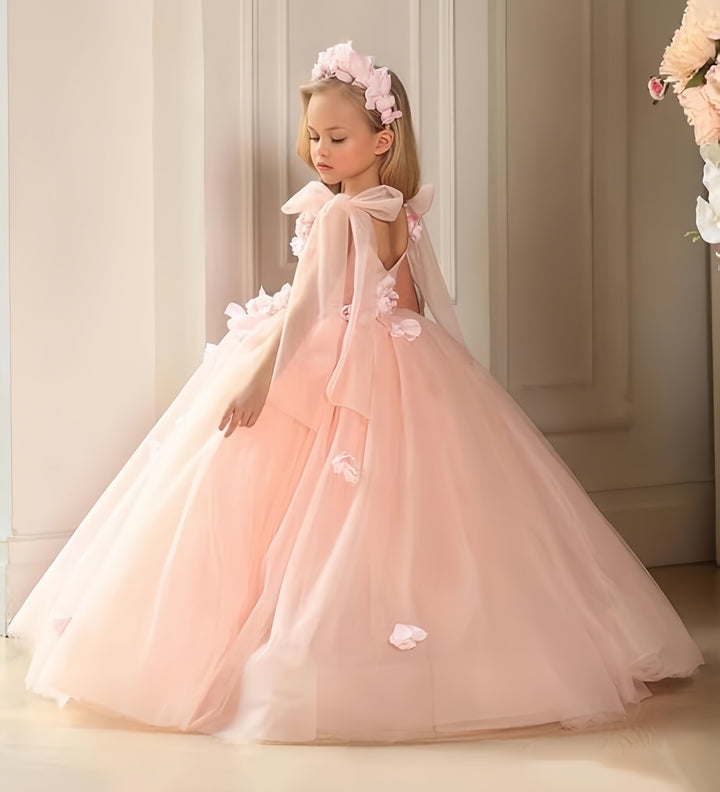 TinyTulle Pink Sleeveless Bow V-Neck 3D Floral Flower Girl Dress