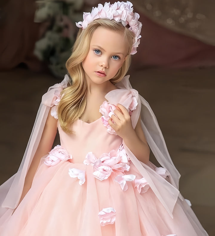 TinyTulle Pink Sleeveless Bow V-Neck 3D Floral Flower Girl Dress