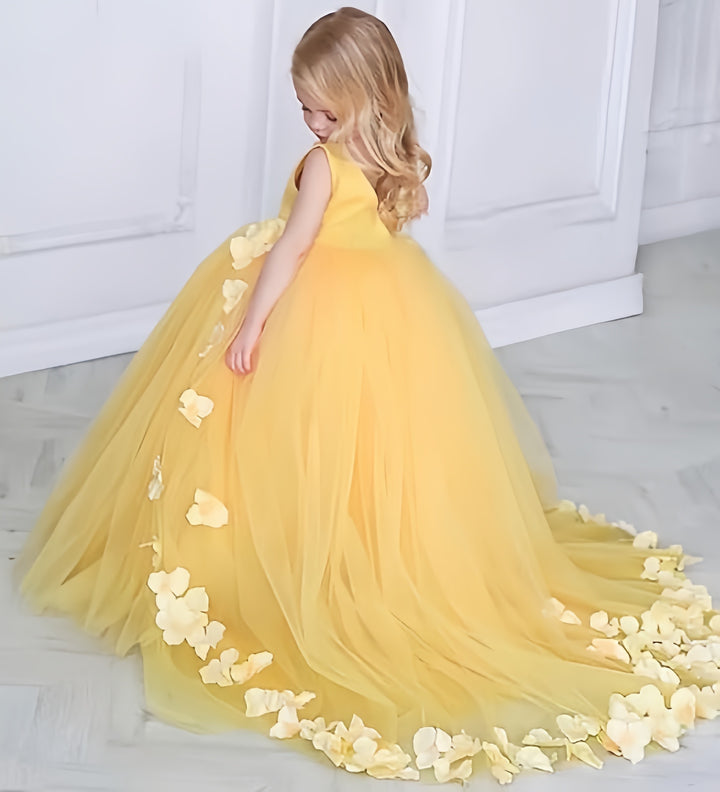 TinyTulle Elegant Yellow V-Neck Flower Girl Dress Pageant Gown with Floral Accents
