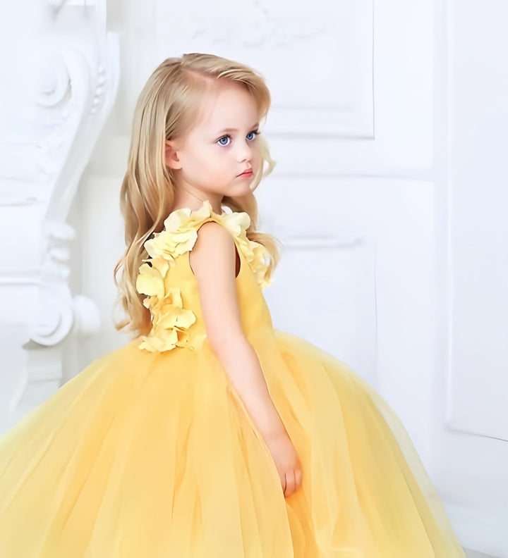 TinyTulle Elegant Yellow V-Neck Flower Girl Dress Pageant Gown with Floral Accents
