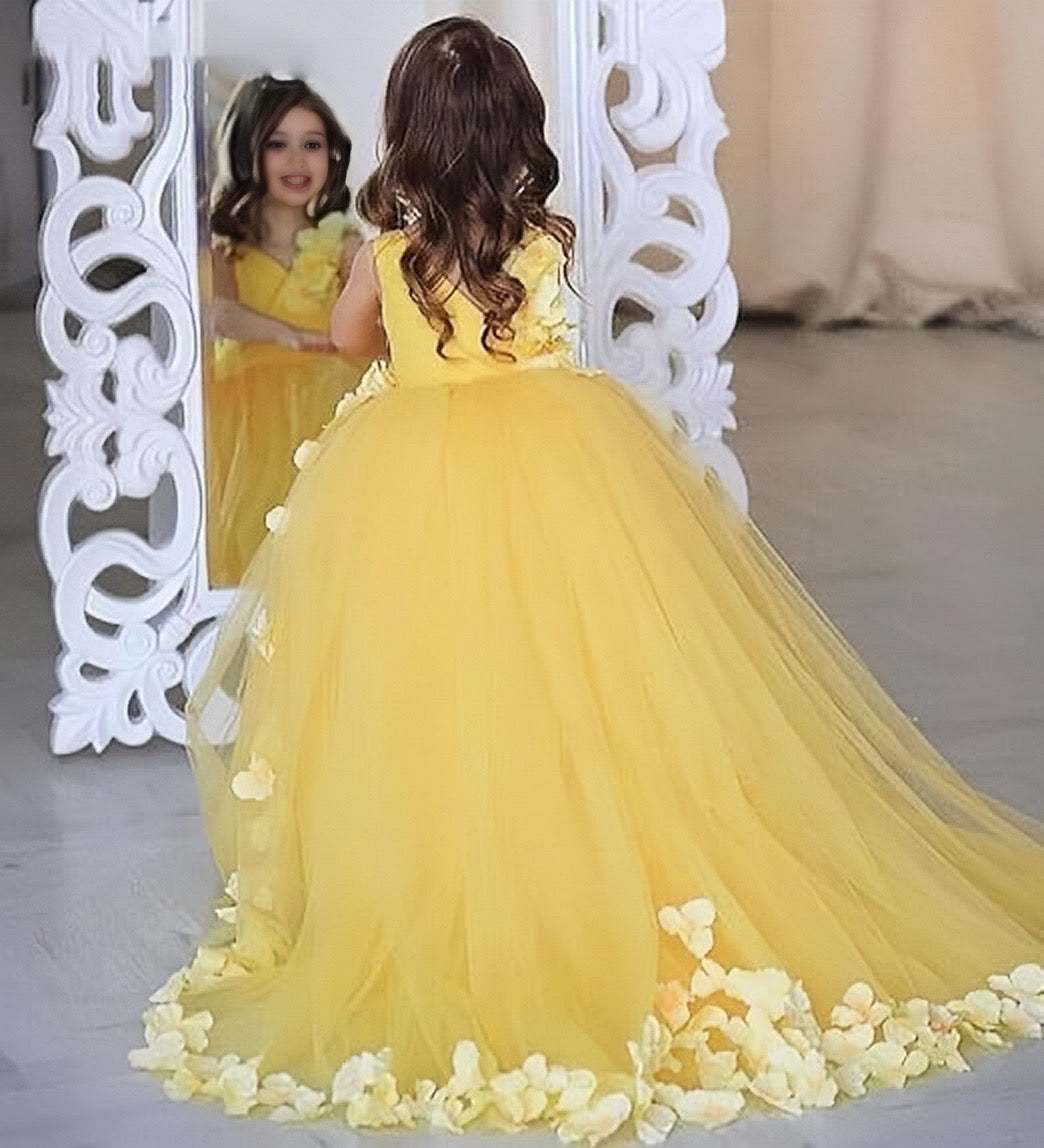 TinyTulle Elegant Yellow V-Neck Flower Girl Dress Pageant Gown with Floral Accents