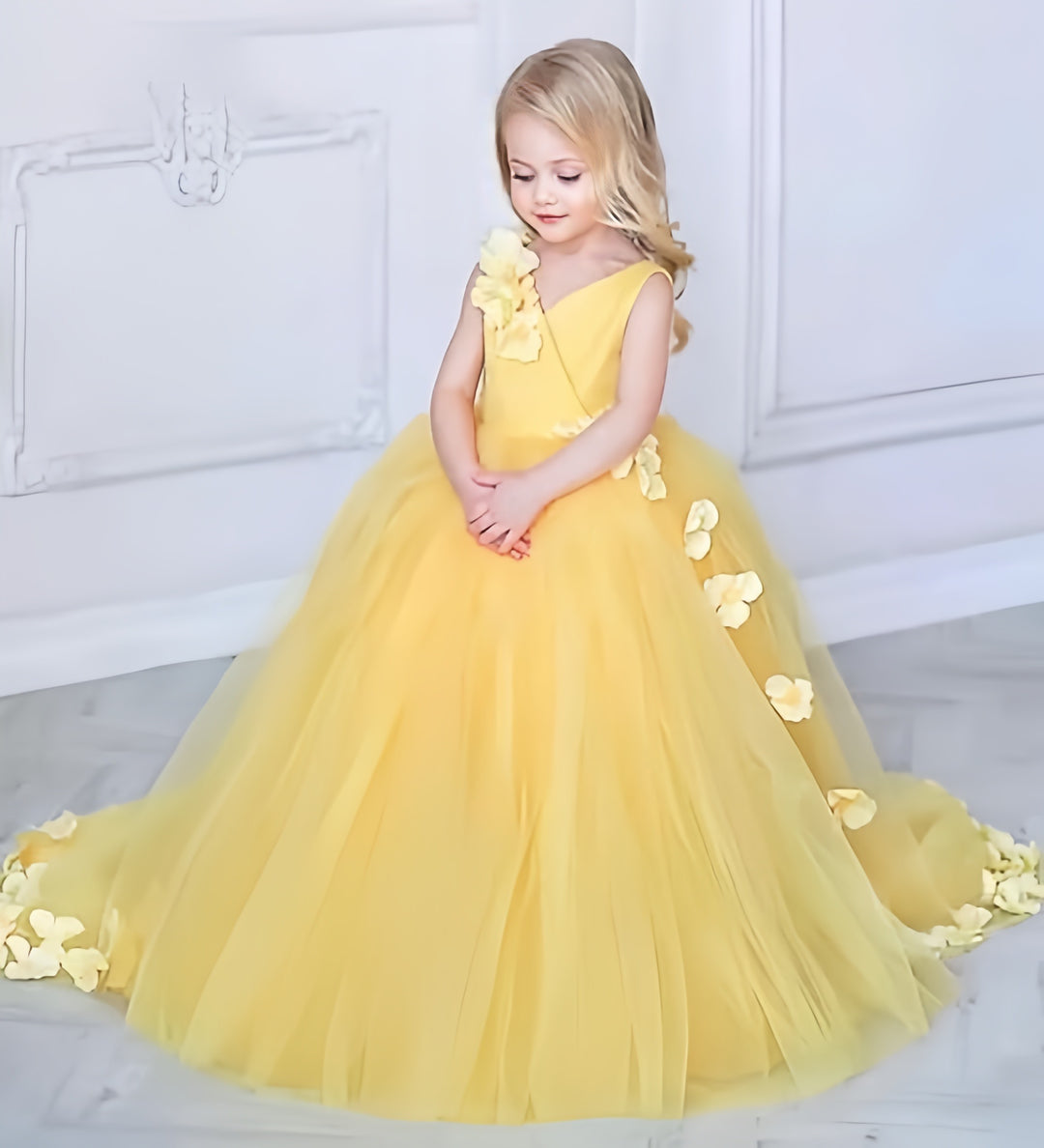 TinyTulle Elegant Yellow V-Neck Flower Girl Dress Pageant Gown with Floral Accents