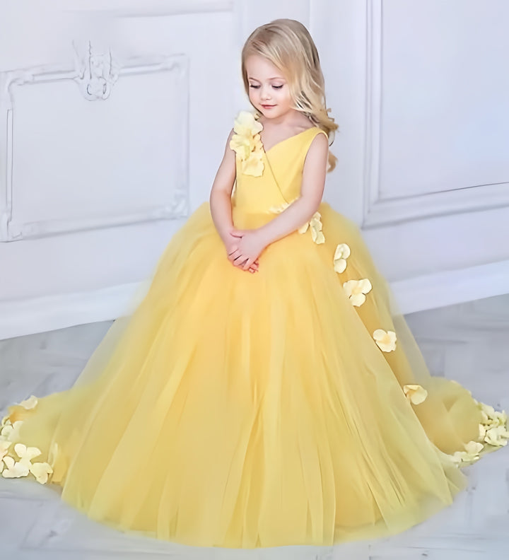 TinyTulle Elegant Yellow V-Neck Flower Girl Dress Pageant Gown with Floral Accents