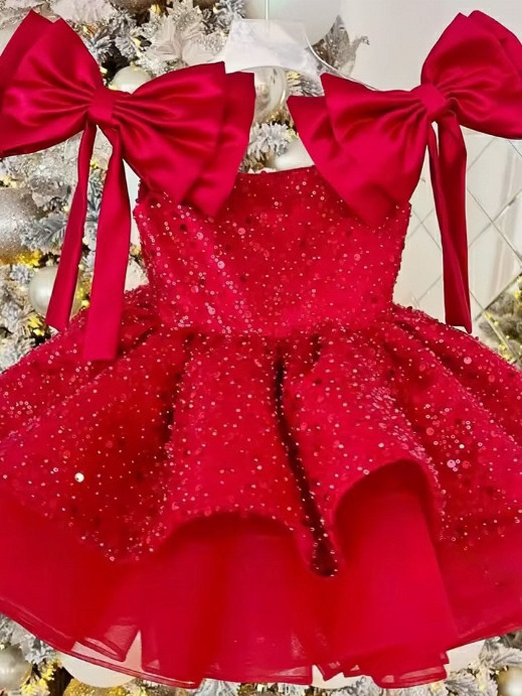 TinyTulle Elegant Red Sleeveless Satin Flower Girl Ball Gown with Bow Shoulder Detail