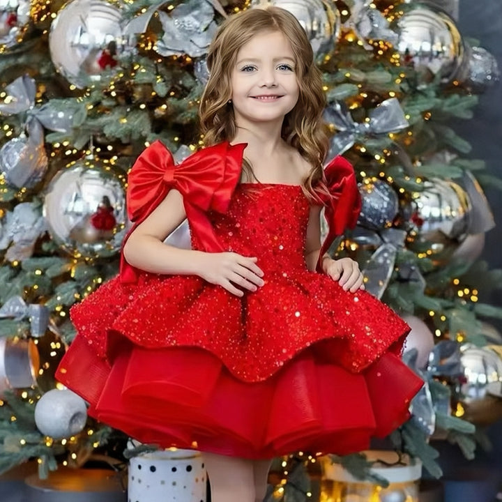 TinyTulle Elegant Red Sleeveless Satin Flower Girl Ball Gown with Bow Shoulder Detail