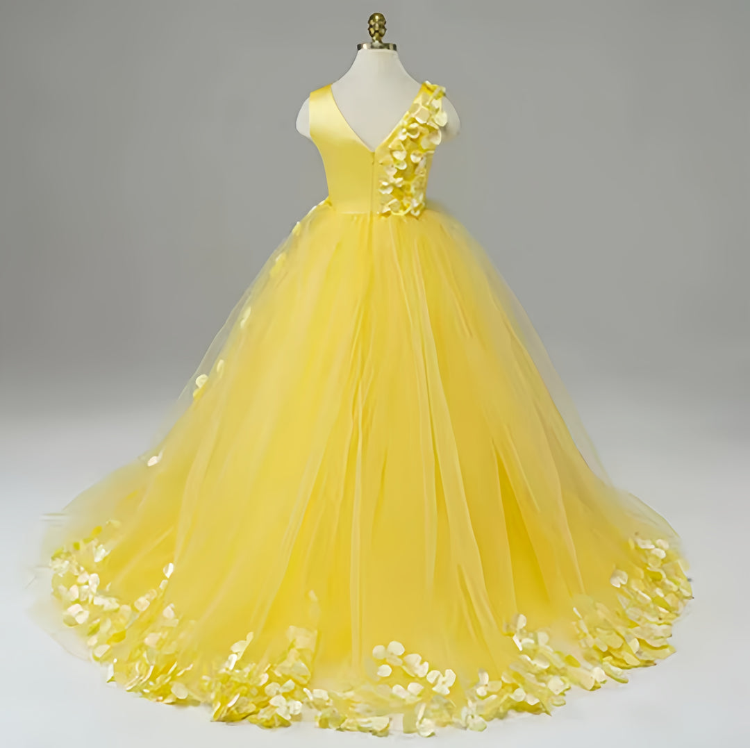 TinyTulle Elegant Yellow V-Neck Flower Girl Dress Pageant Gown with Floral Accents