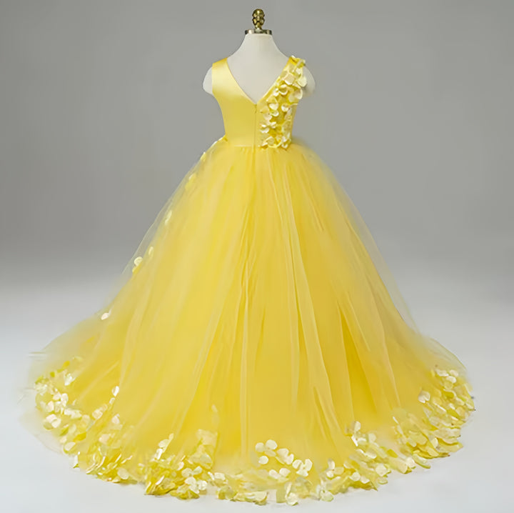 TinyTulle Elegant Yellow V-Neck Flower Girl Dress Pageant Gown with Floral Accents
