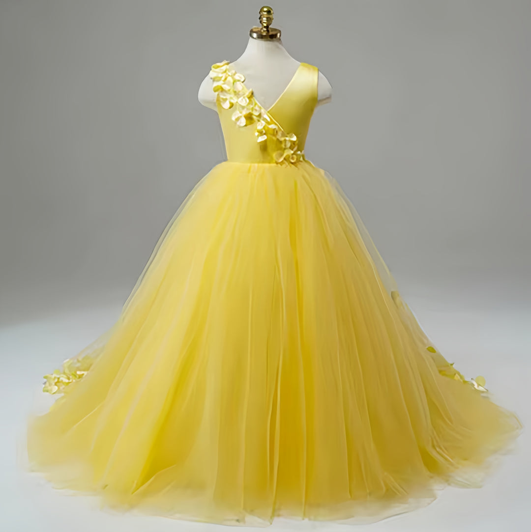 TinyTulle Elegant Yellow V-Neck Flower Girl Dress Pageant Gown with Floral Accents