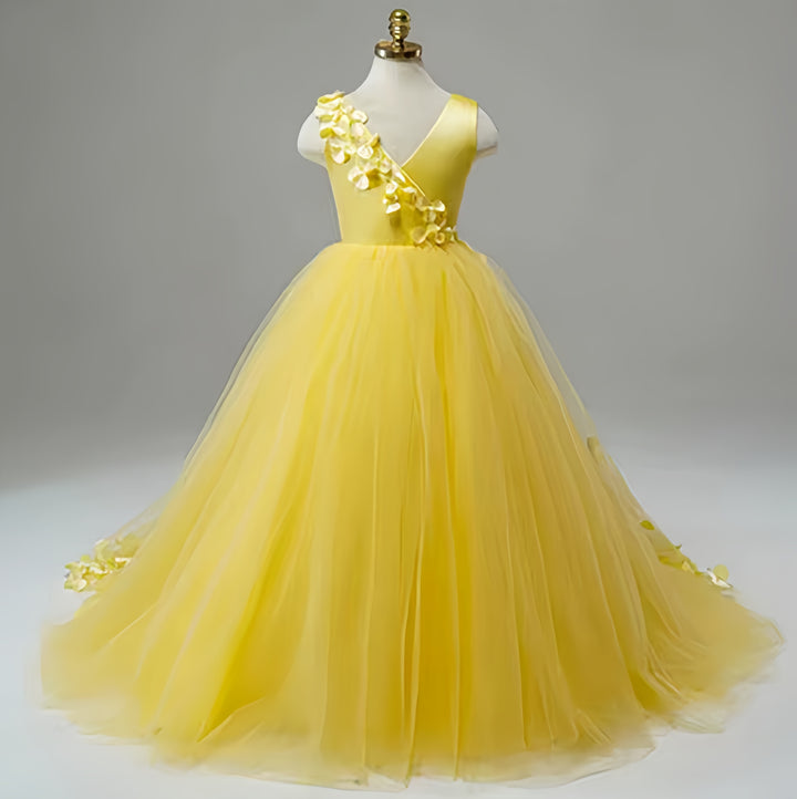 TinyTulle Elegant Yellow V-Neck Flower Girl Dress Pageant Gown with Floral Accents