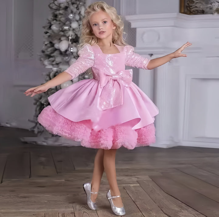 TinyTulle Pink Sequin Bow Princess Flower Girl Dress with Puffy Hem