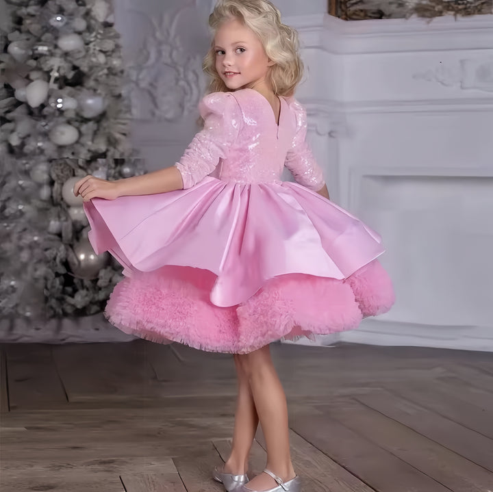 TinyTulle Pink Sequin Bow Princess Flower Girl Dress with Puffy Hem