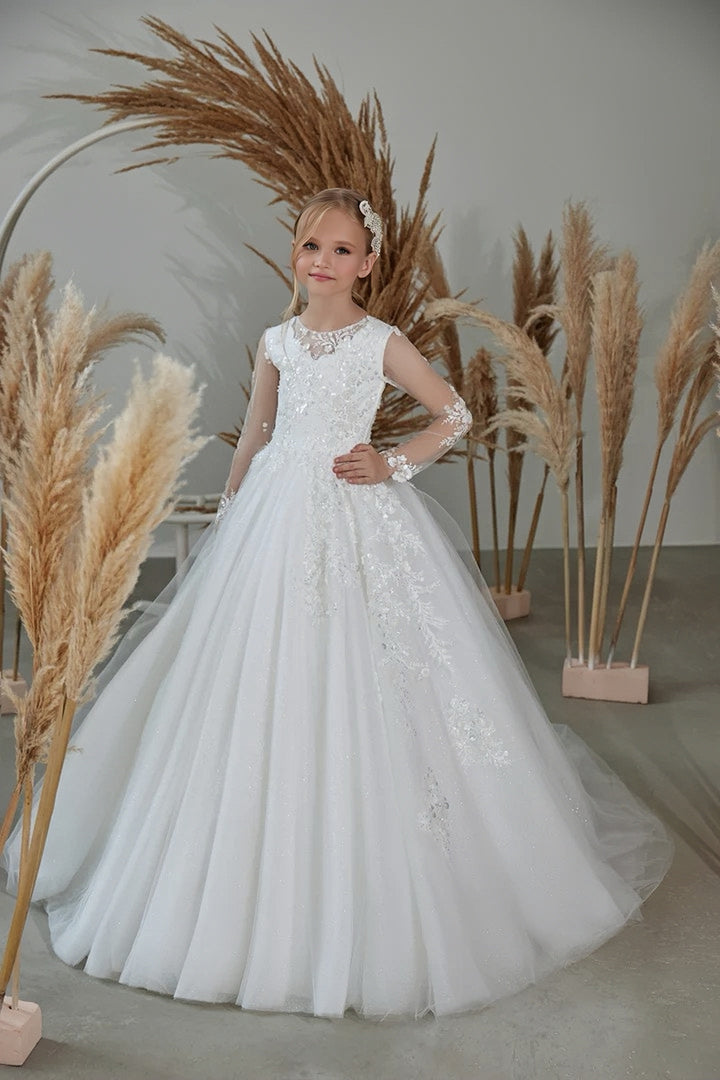 TinyTulle White Long Sleeves Floral Lace Appliqué Flower Girl Dress First Communion Gown