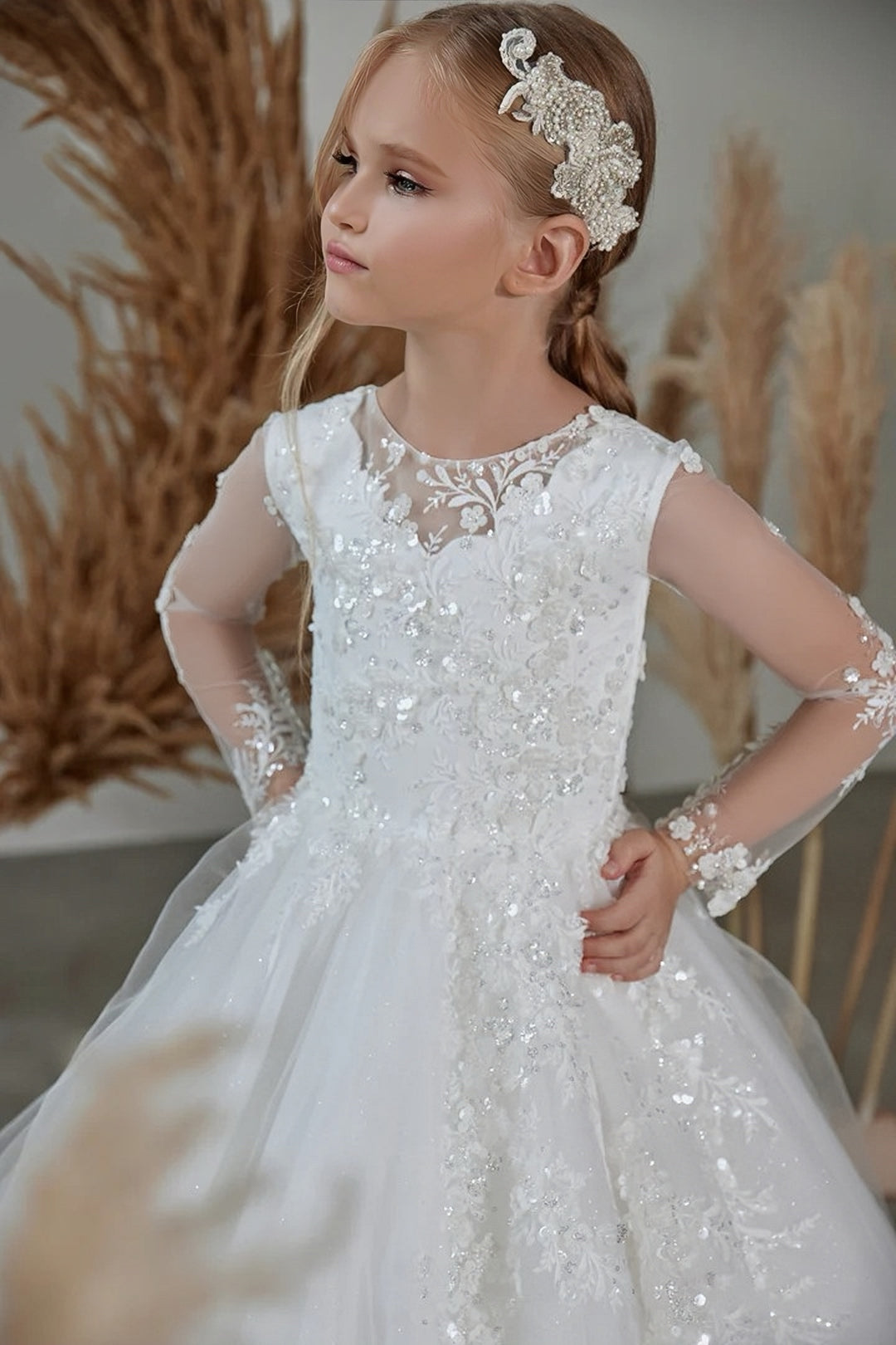 TinyTulle White Long Sleeves Floral Lace Appliqué Flower Girl Dress First Communion Gown