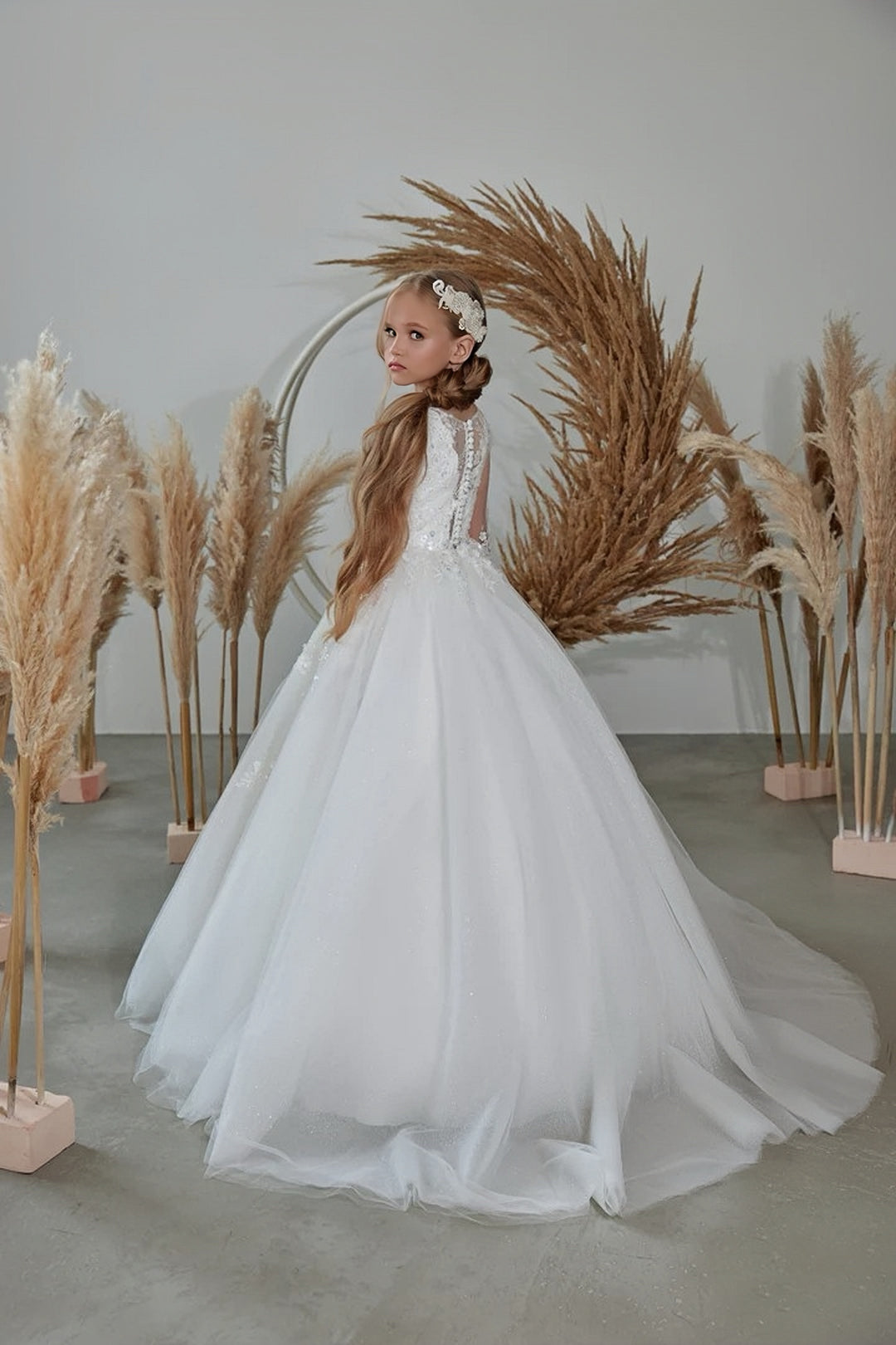TinyTulle White Long Sleeves Floral Lace Appliqué Flower Girl Dress First Communion Gown