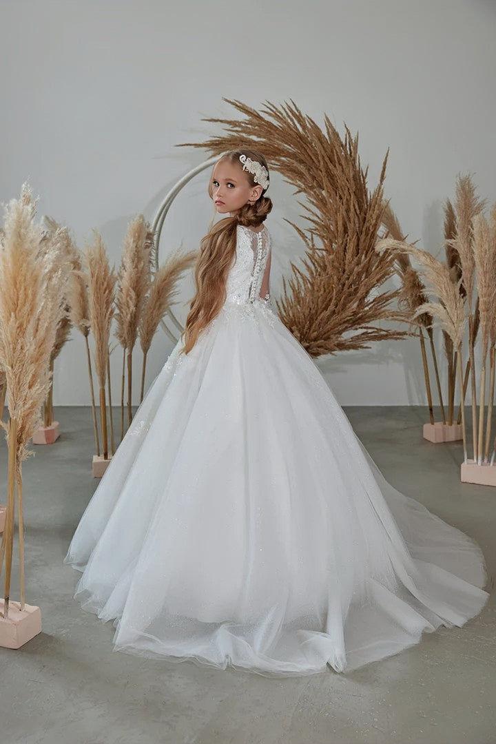 TinyTulle White Long Sleeves Floral Lace Appliqué Flower Girl Dress First Communion Gown