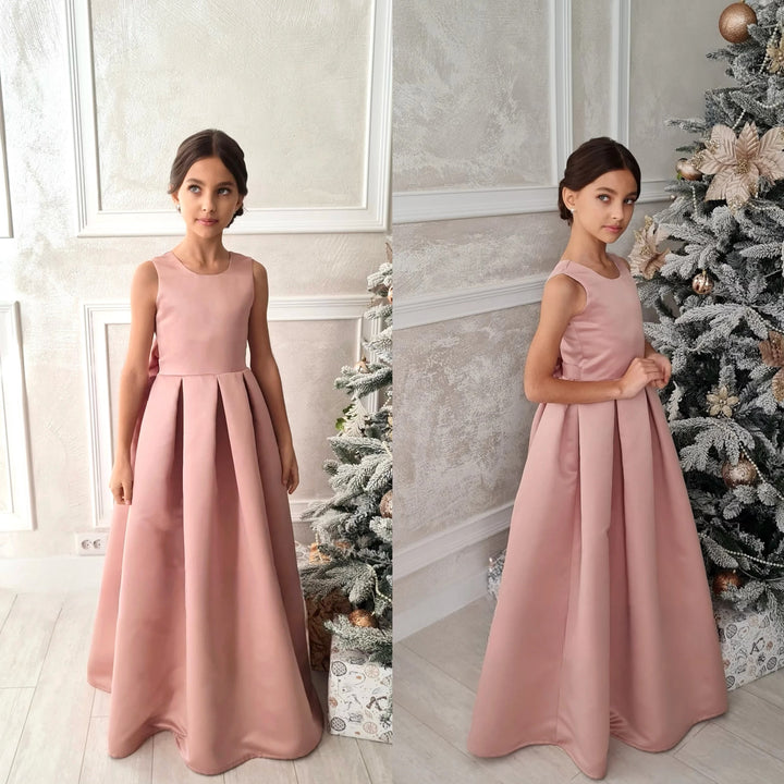 TinyTulle Dusty Rose V Back A-Line Flower Girl Dress white Bow