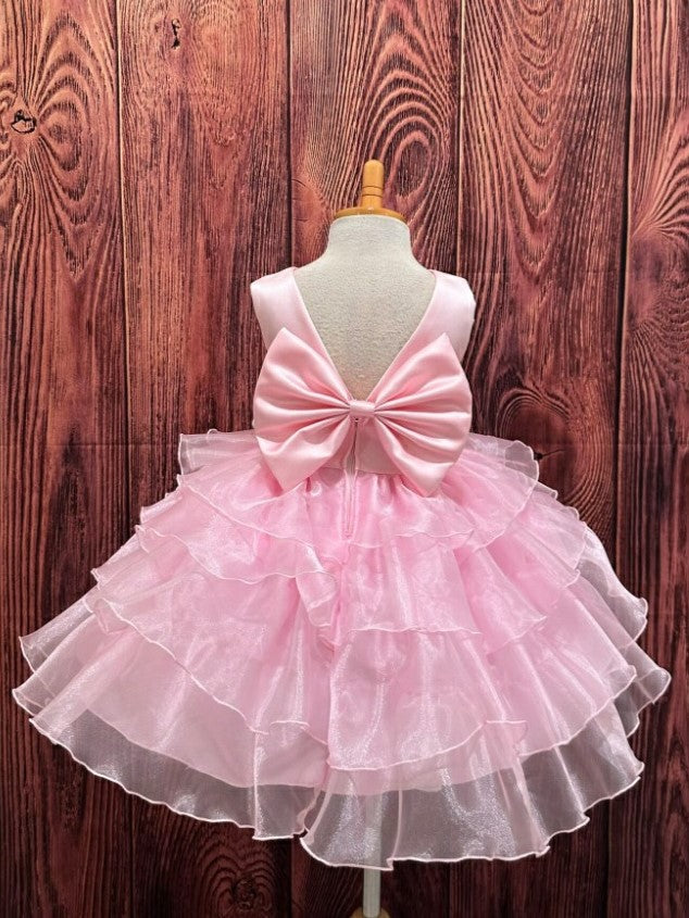 TinyTulle Elegant Pink Organza Ruffle Knee-Length Flower Girl Dress with V-Back