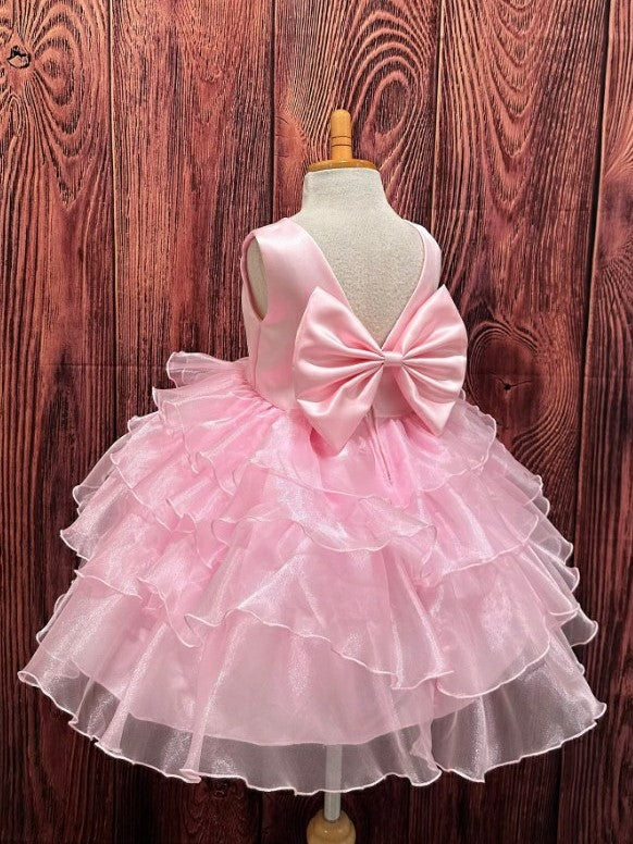 TinyTulle Elegant Pink Organza Ruffle Knee-Length Flower Girl Dress with V-Back