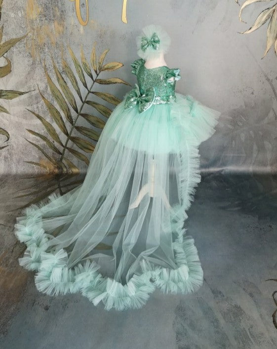 TinyTulle Mint Green Princess Flower Girl Dress with Sequin Bow &amp; Detachable Train