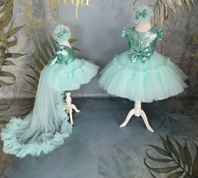 TinyTulle Mint Green Princess Flower Girl Dress with Sequin Bow &amp; Detachable Train