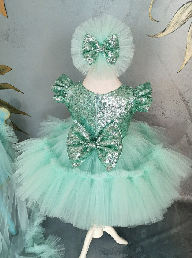 TinyTulle Mint Green Princess Flower Girl Dress with Sequin Bow &amp; Detachable Train