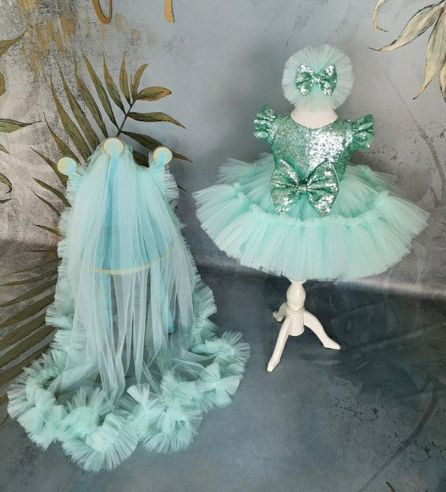 TinyTulle Mint Green Princess Flower Girl Dress with Sequin Bow &amp; Detachable Train