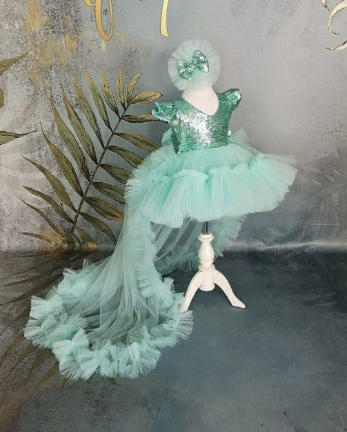 TinyTulle Mint Green Princess Flower Girl Dress with Sequin Bow &amp; Detachable Train