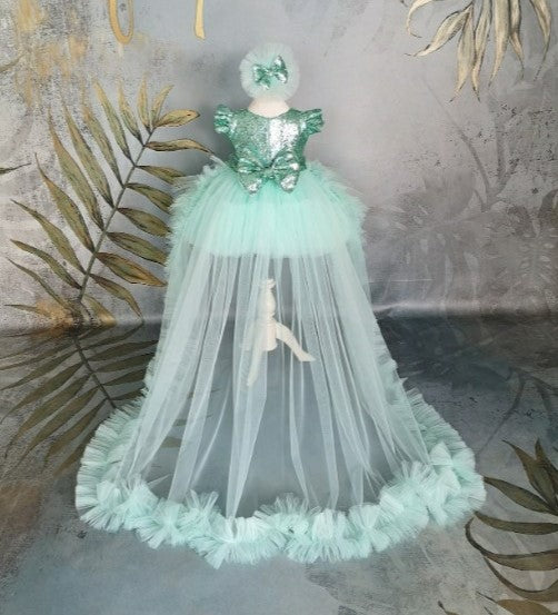 TinyTulle Mint Green Princess Flower Girl Dress with Sequin Bow &amp; Detachable Train
