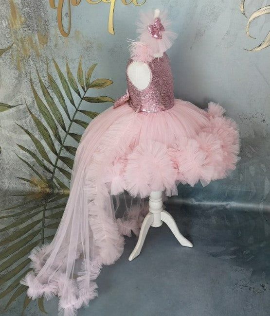 TinyTulle Elegant Pink Sequin Tulle Flower Girl Dress with V-Back &amp; Detachable Train