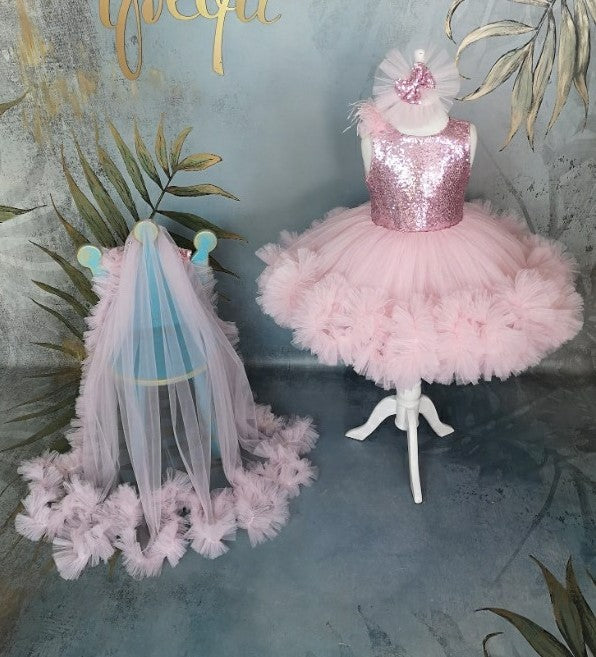 TinyTulle Elegant Pink Sequin Tulle Flower Girl Dress with V-Back &amp; Detachable Train