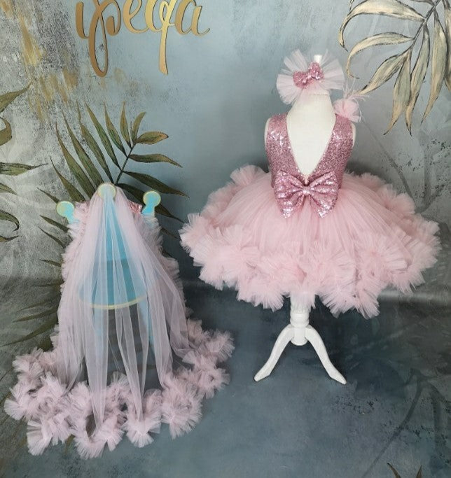 TinyTulle Elegant Pink Sequin Tulle Flower Girl Dress with V-Back &amp; Detachable Train