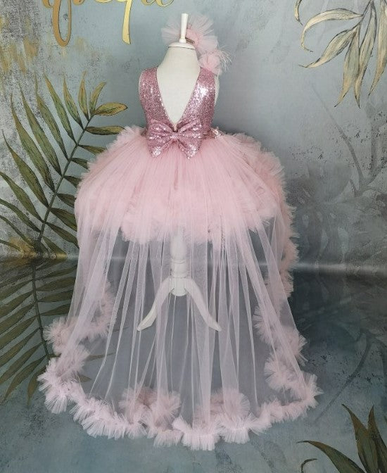 TinyTulle Elegant Pink Sequin Tulle Flower Girl Dress with V-Back &amp; Detachable Train
