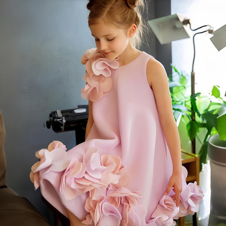 TinyTulle Elegant Ivory Satin Sleeveless Flower Girl Dress with Floral Details